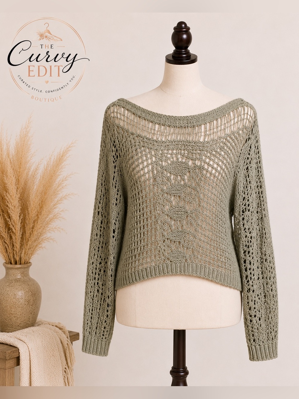 Zara Open Weave Cotton Blend Sweater Sage Green Oversized M Boho Casual Chic